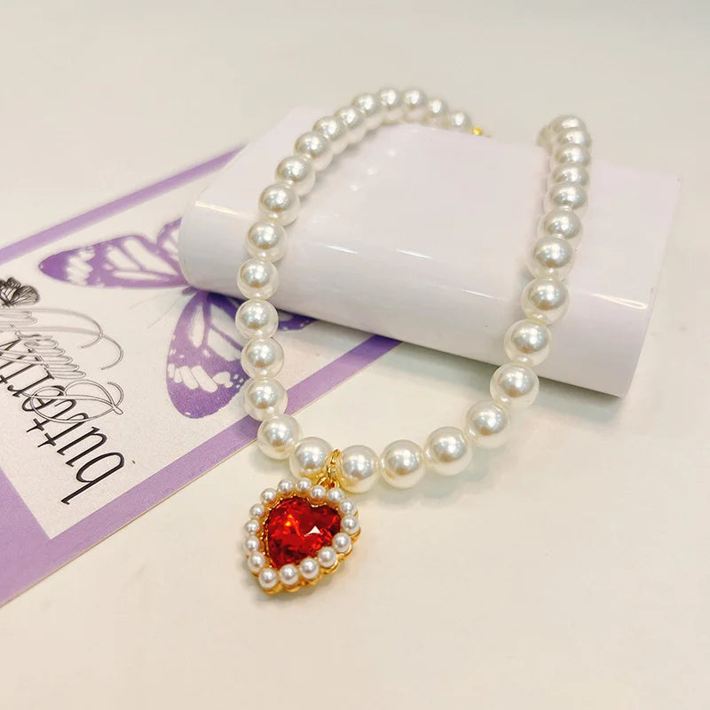 Lovely Heart Pendant Faux Pearl Pet Necklace Stylish Cat Dog Collar Jewelry Cute Pet Neck Decor Fashion Pet Accessories Wearing