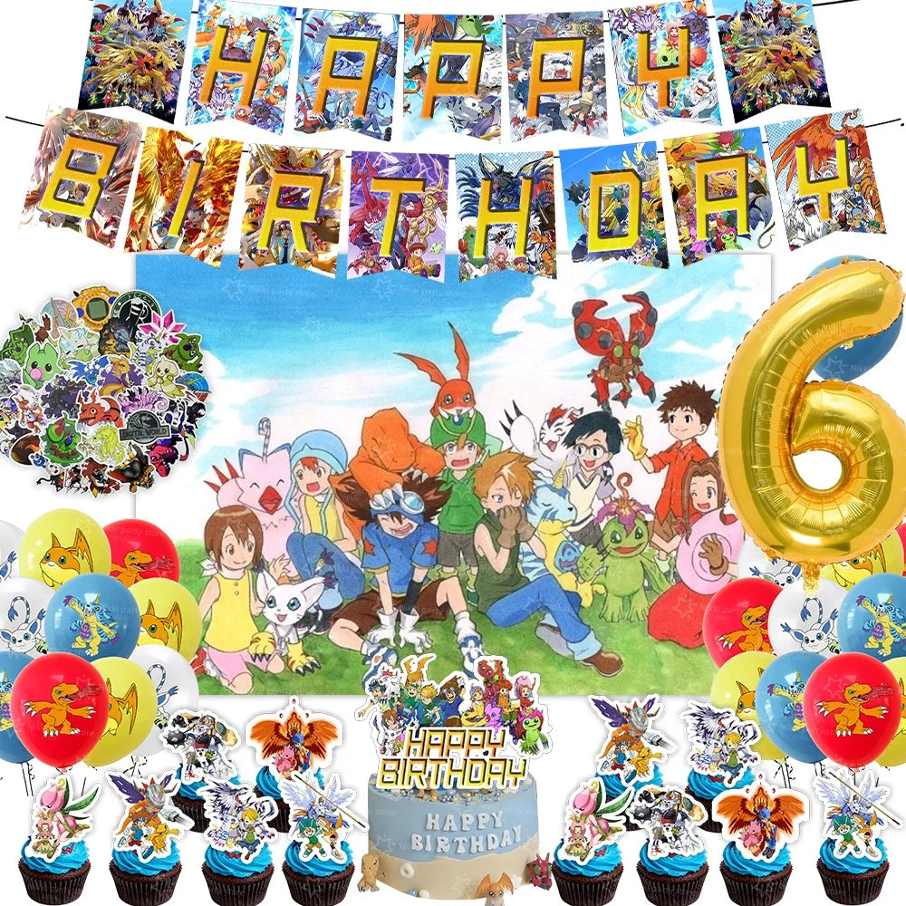 Digimon Birthday Decoration Cartoon Pet Party Favors Balloons Backdrop Banner Cake Decoration Baby Shower Supplies Gifts Toys