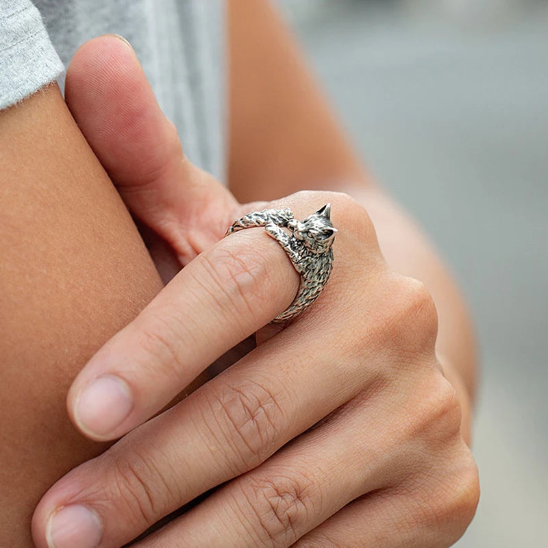 Retro Dark Cat Kitty Ring For Men Women Gothic Silver Color Adjustable Ring Pet Handmade Jewelry Accessories Unisex Lovers Gift