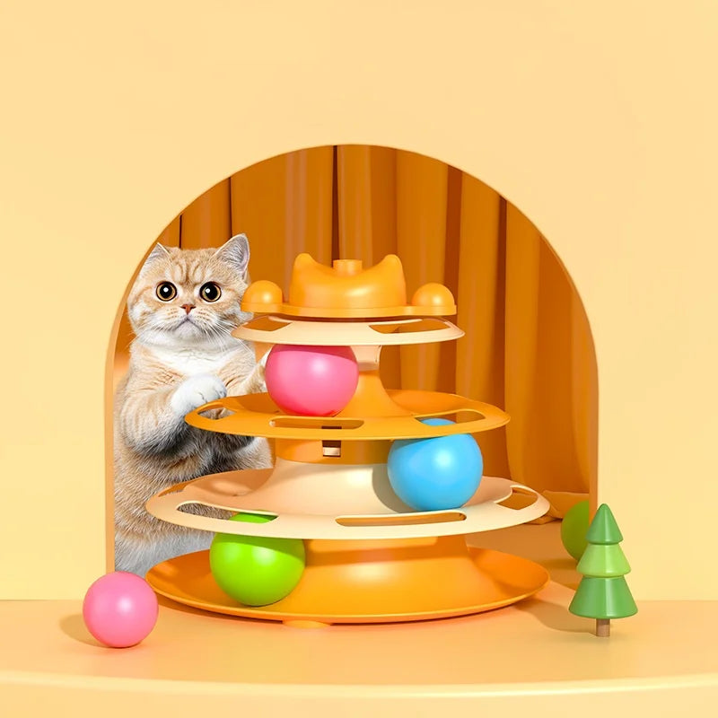 Pattern Feather Cat Toy, Three-layer Rotating Tower with Ball, Indoor Cat Interactive Fun&Christmas, New Year Pet Toys