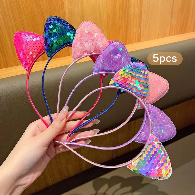 5 Colors Sequin Cat Ear Headband, Sweet Cute Hairband Daily Casual Sweet Hair Accessories for Women Girls