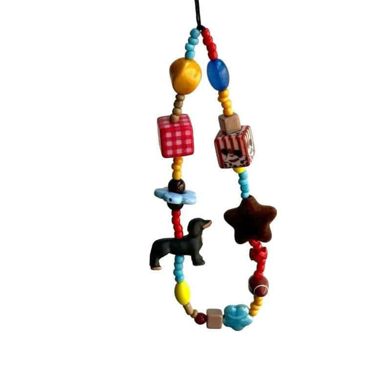 Ins Cartoon Colored Beaded Sausage Dog Anti Loss Phone Keychain Cute Bead Phone Strap Hand Chain Bag Accessories Gifts