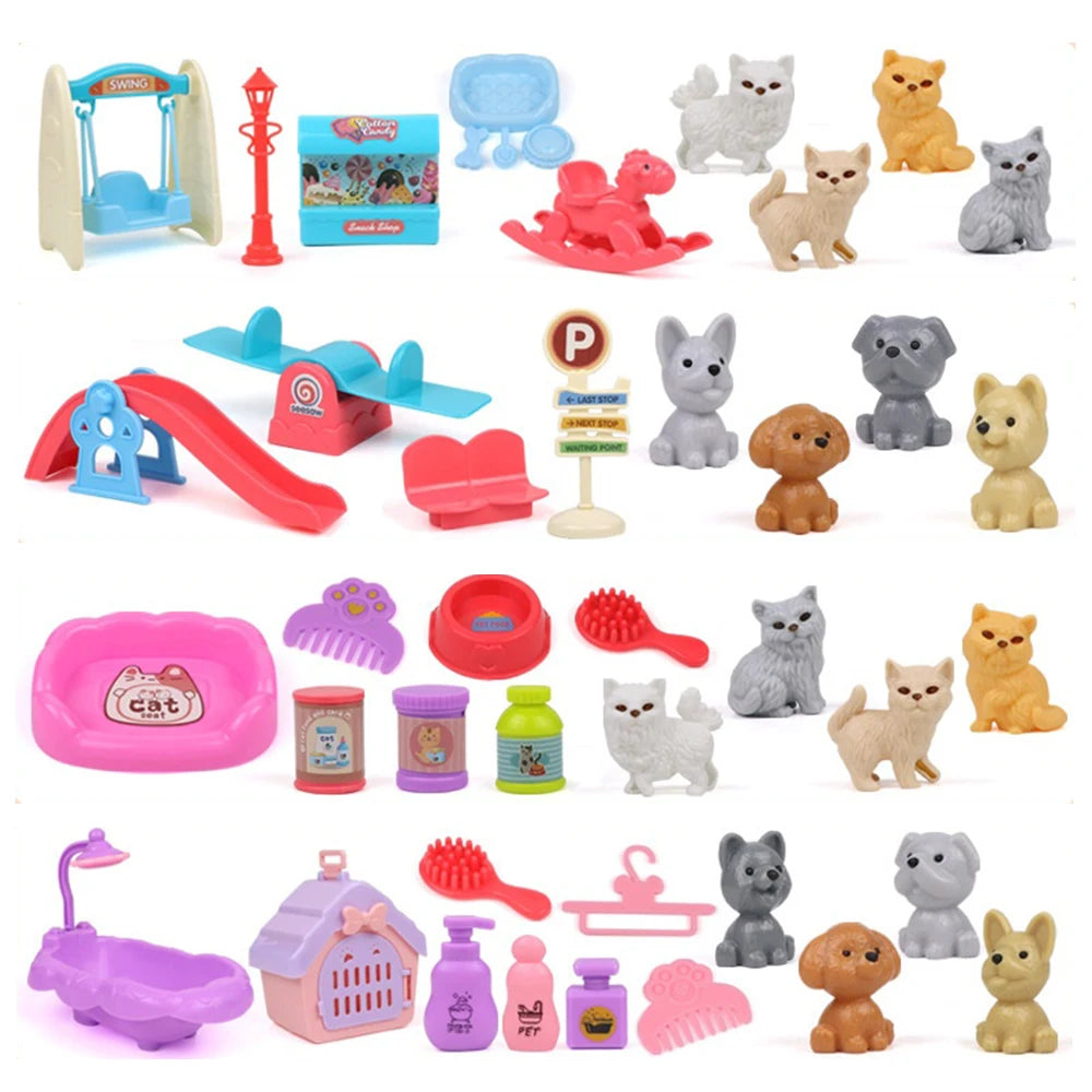 QWZ Pretend Play Toy Fashion Mini Pets Cat Dog House Kennel Bathtub For Children Play House Toy Accessories Kids Best Gift