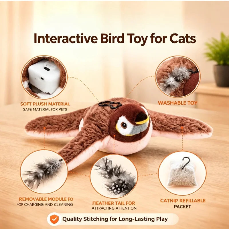 Interactive Cat Toys Flying Bird Cat Toy Rechargeable Chirping Flapping Bird(no Flying) Can Add Catnip Touch Activated Plush Toy
