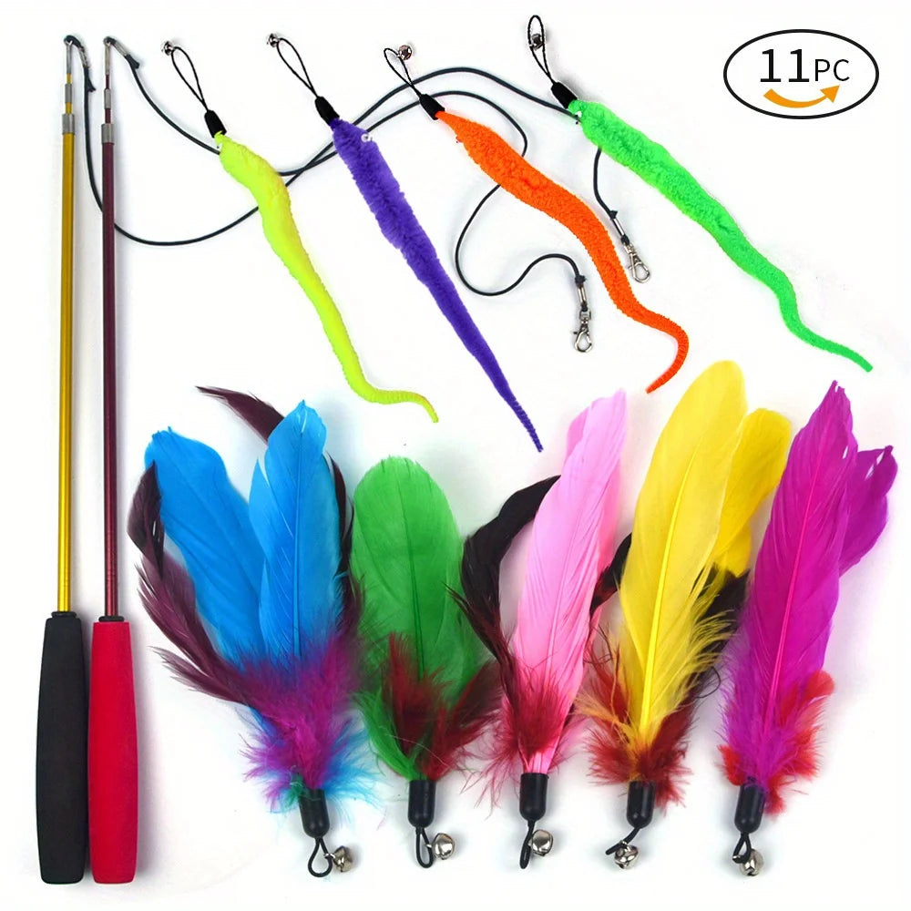 11 Pack Retractable Fishing Rod Funny Cat Stick Pet Caterpillar Feather Replacement Head Cat Toys Interactive Pet Products