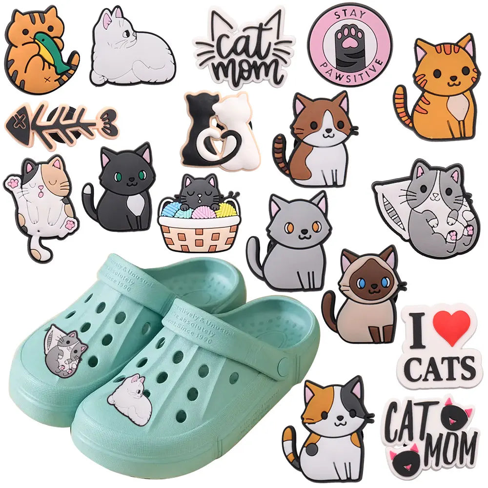 1-17PCS PVC Kawaii Animal Cat Mom Sandal Shoe Decoration Buckle Charms Fit Wristbands Hole Slipper Accessories Kid Xmas Gift