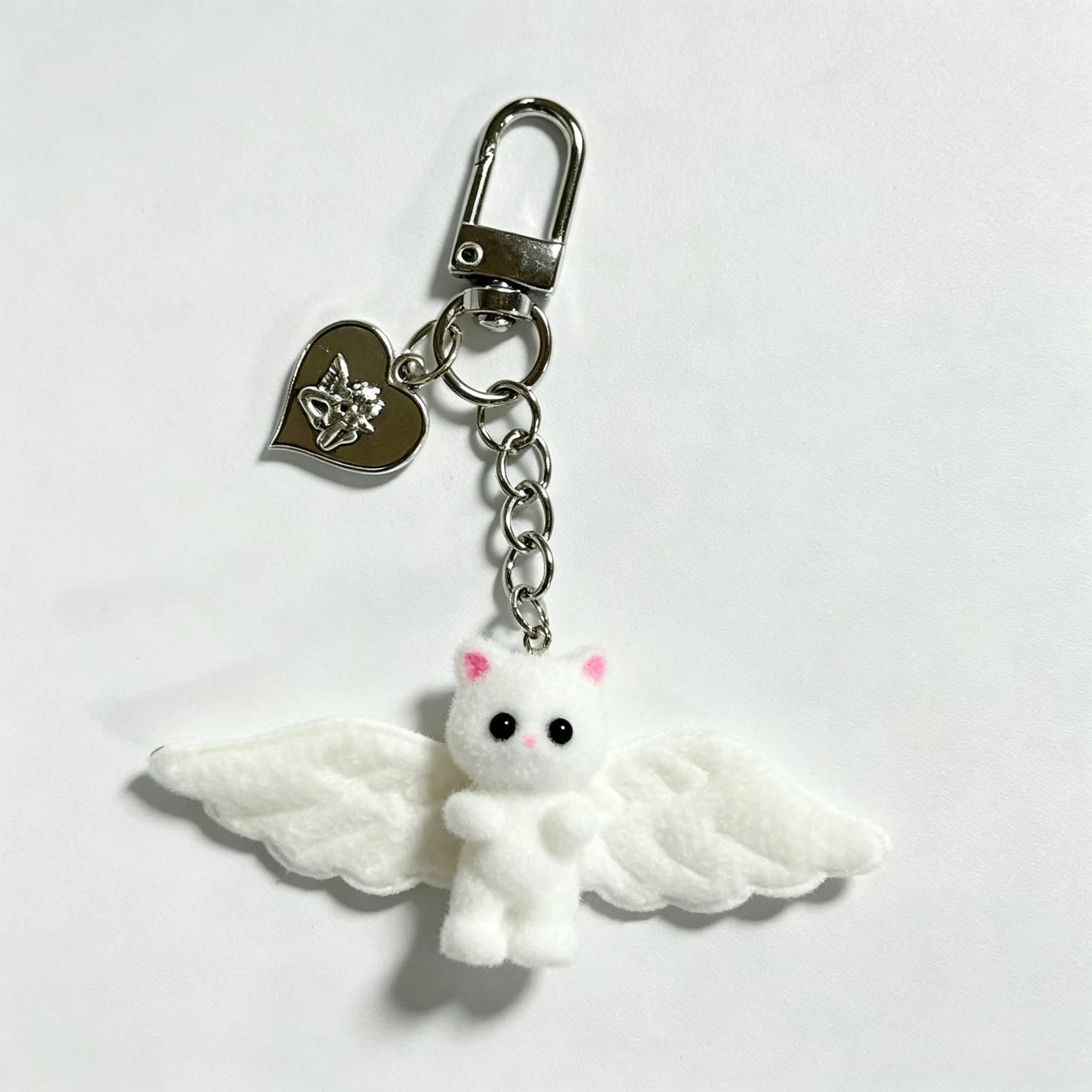 Cute Angel Wing Flocking Cat Charm Keychain for Women Cute Mini Kitten Bag Pendant Sweet Girl Phone Lanyard Keychain Accessories