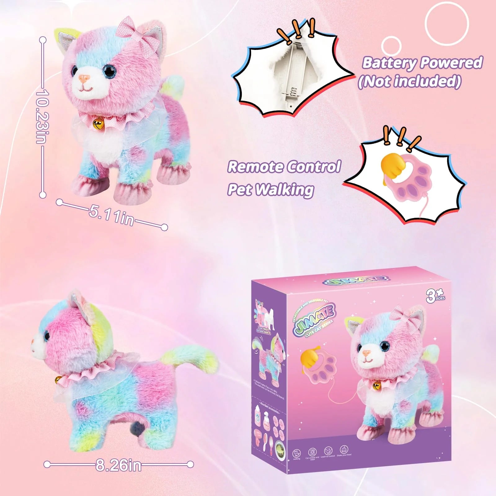 Kids RC Rainbow Cat Plush Toy Walking Kitten Grooming Beauty Accessories Set Adorable Pet Toy Birthday Present For Little Girls