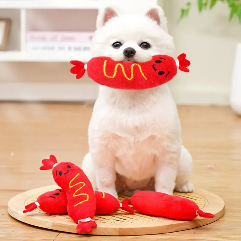 Dog Sound Plush Toy Hot Dog Chewing Toy Pet Grinding Teeth Squeaky Plush Toy Puppy Bite-resistant Interactive Chew Toy ﻿