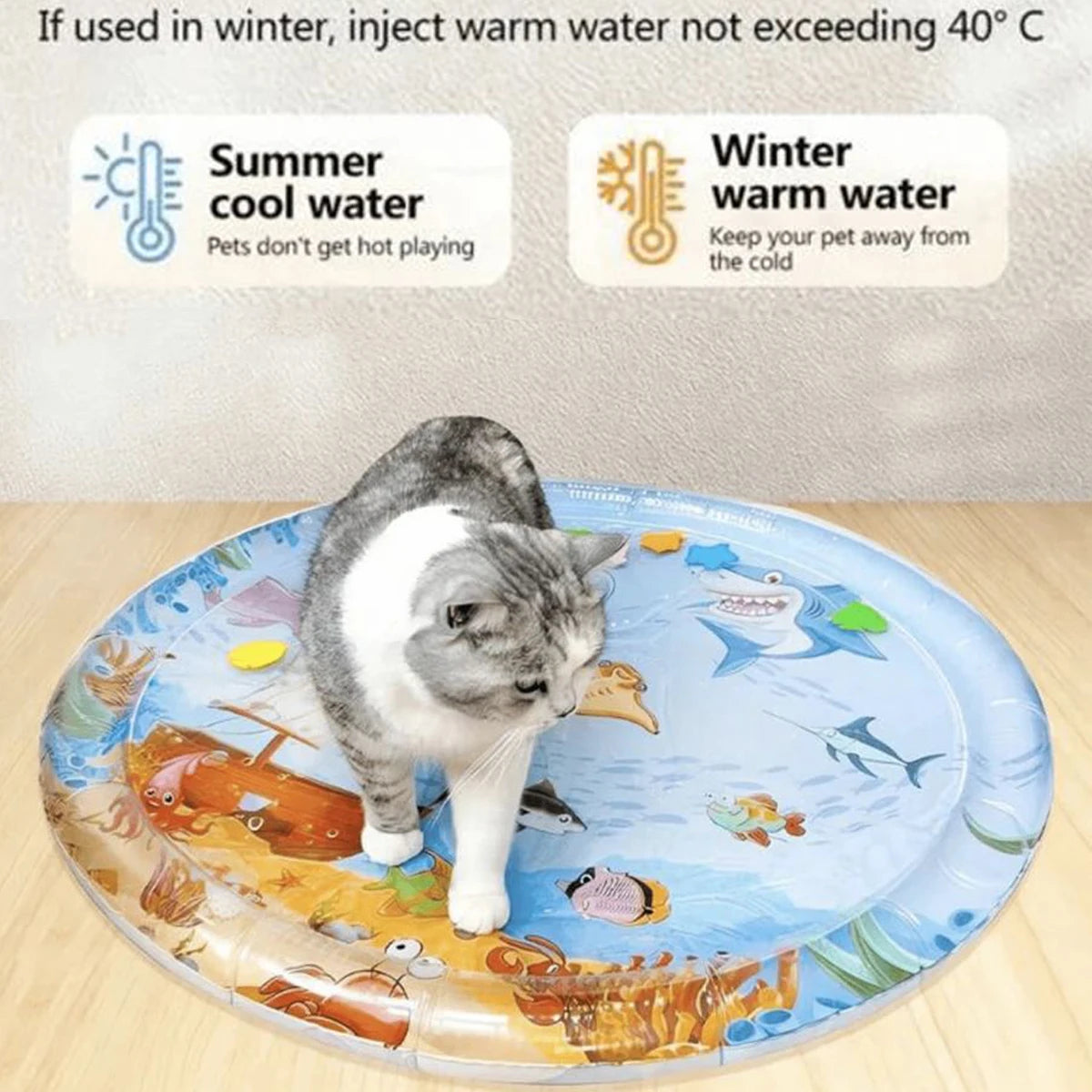 Summer Pet Cooling Mat，Thickened Inflatable Water Mat For Cat And Dog Pet Playmat With Fish Sea Ocean Theme Sensory Toy Water