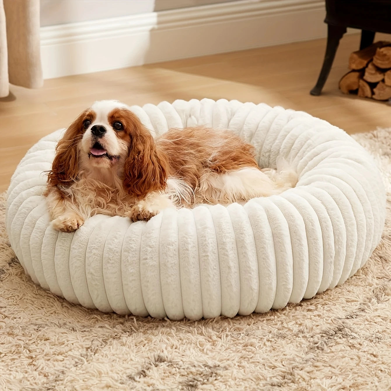 Warm Round Donut Cat Bed Vertical Striped Plush Raised Bolster Pet Bed Non Slip Washable Cozy Nest for Small Medium Dogs Cats
