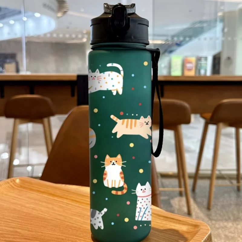 3D Printed Cute Cartoon Cat PVC-Free, Leak-Proof, Matte Finish 750ML Water Bottle,Includes Carry Loop Outdoor Activities