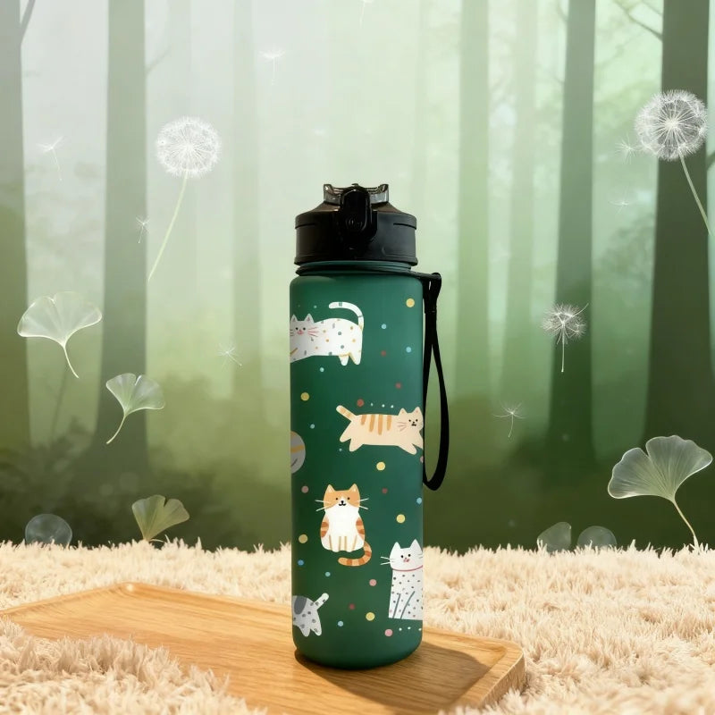 3D Printed Cute Cartoon Cat PVC-Free, Leak-Proof, Matte Finish 750ML Water Bottle,Includes Carry Loop Outdoor Activities