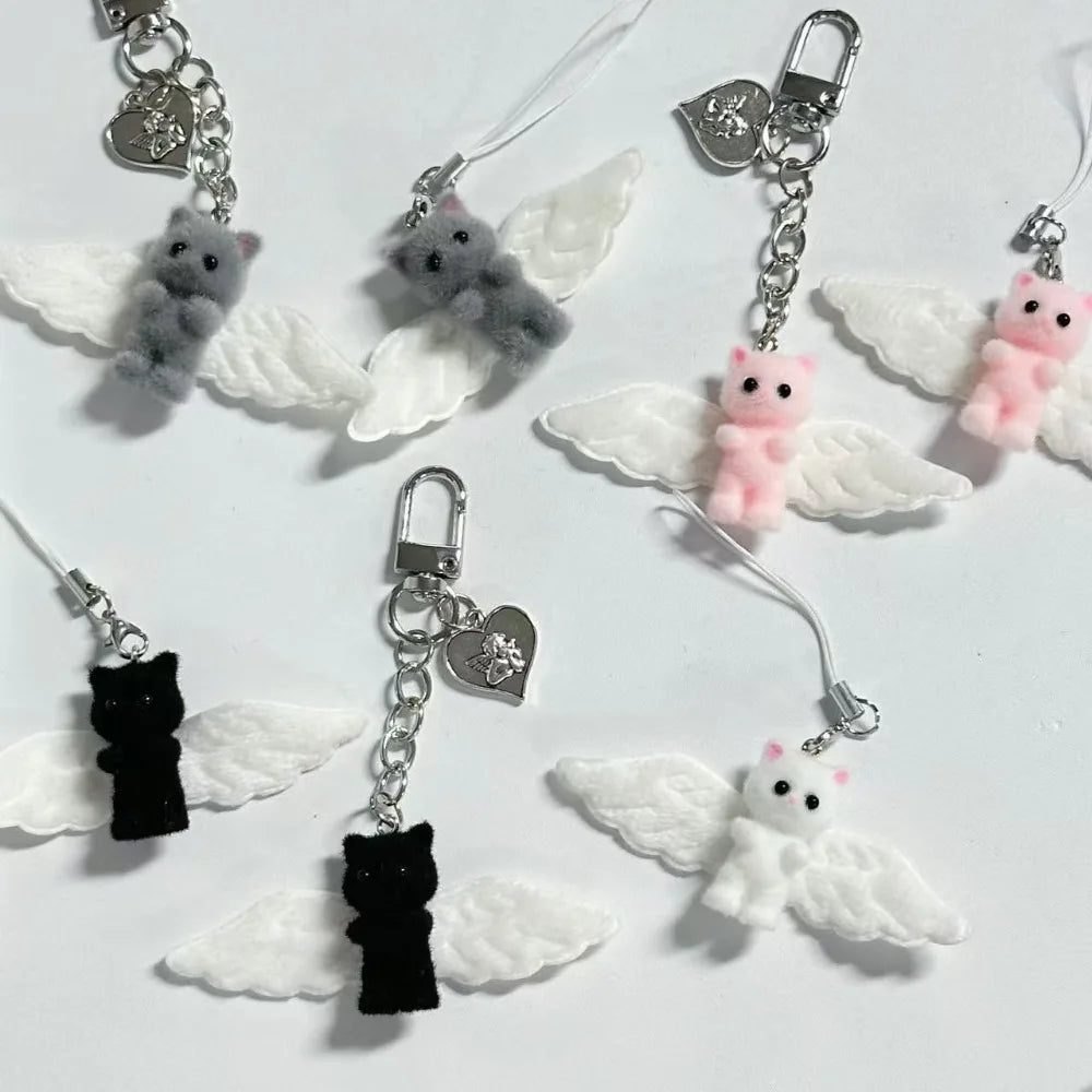 Cute Angel Wing Flocking Cat Charm Keychain for Women Cute Mini Kitten Bag Pendant Sweet Girl Phone Lanyard Keychain Accessories