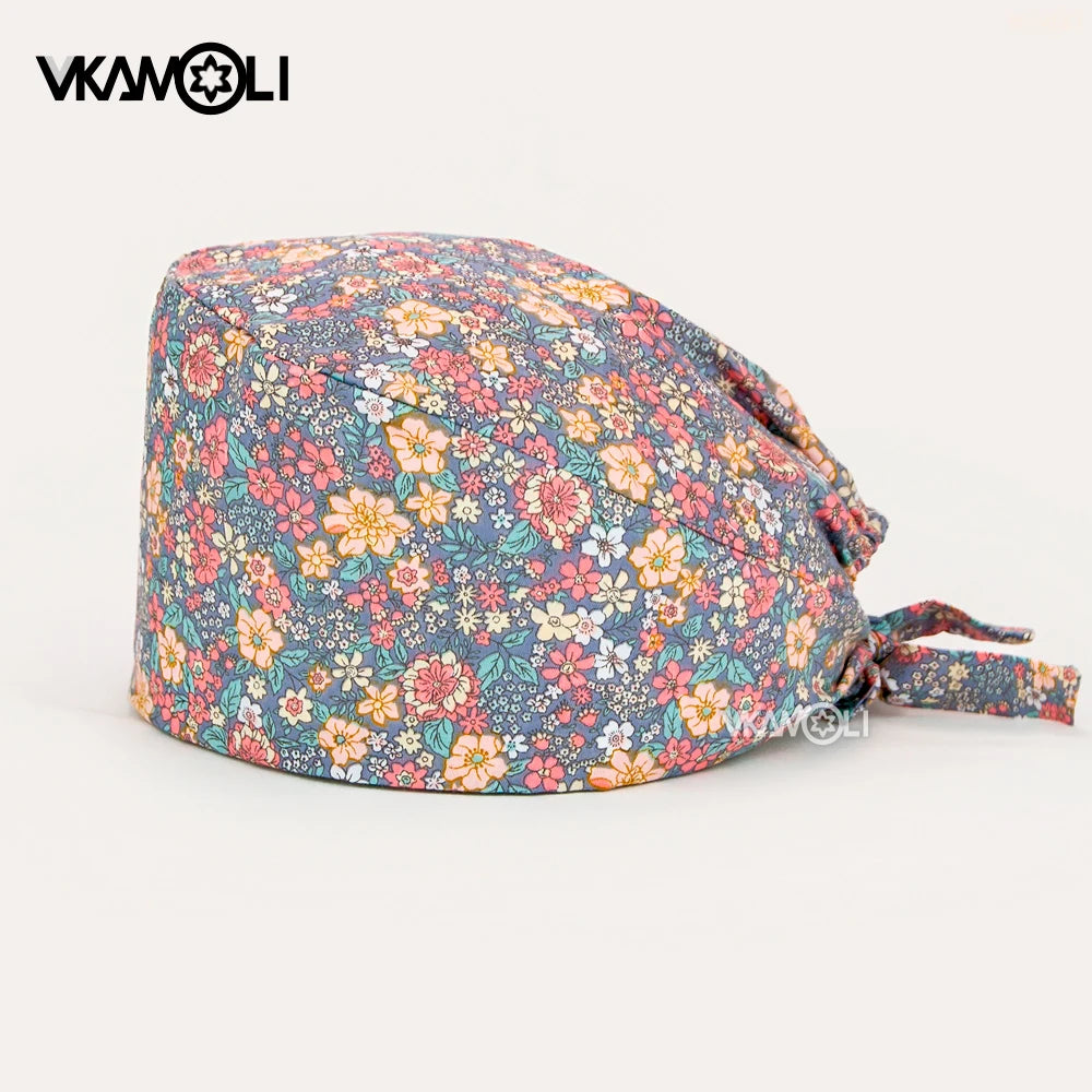 Women's Cotton Scrubs Caps Sweat-Absorbent Elastic Section Pet Grooming Nursing Work Hats Lab Flower Print Scrub Hat Wholesale