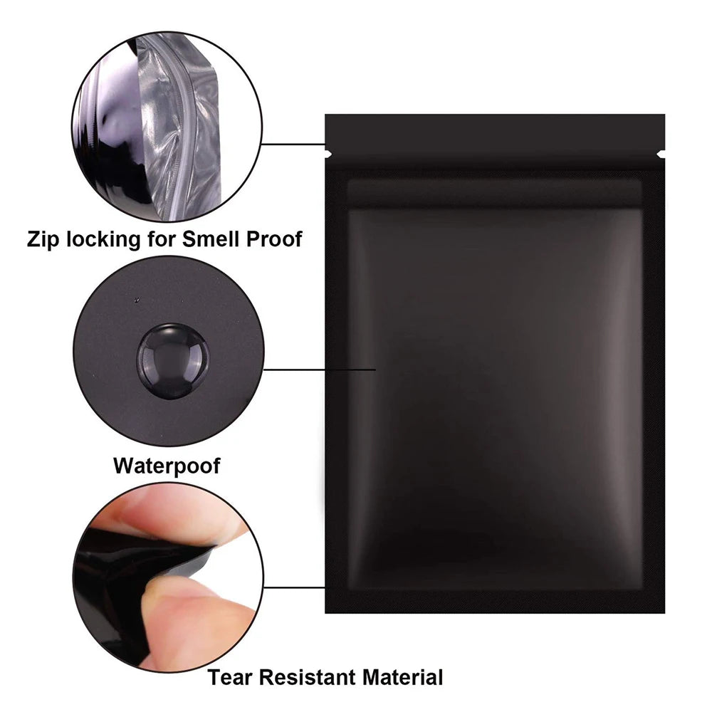 50PCS Resealable Coffee Herb Powder Zipper Pack Bag Smell Proof Flat Pouches Matte Black Small Aluminum Foil Zip Lock