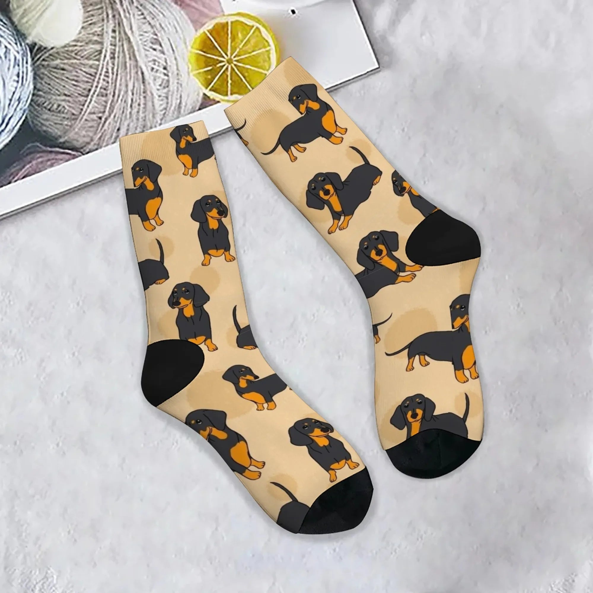 1 Pair Funny Dachshund Dog Men Socks Cute Retro Harajuku Black & Tan Dogs on Novelty Gift for Dog Owner Wear Playful Design