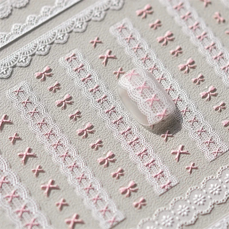 1pcs Sweet Pearl Lace Bow Nail Stickers Love Heart Pink White Black Lace Bow Self Adhesive Nail Art Decorations Decals Accessory
