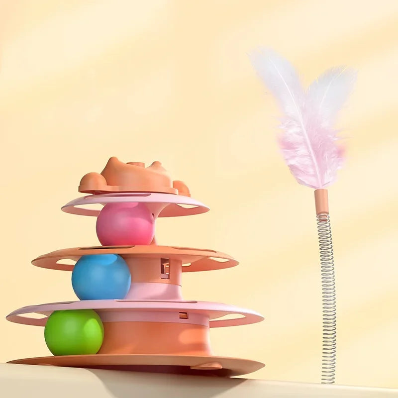 Pattern Feather Cat Toy, Three-layer Rotating Tower with Ball, Indoor Cat Interactive Fun&Christmas, New Year Pet Toys