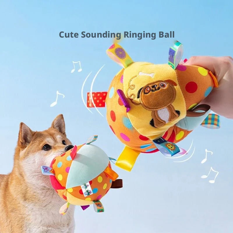 Squeaky Plush Dog Ball Toy with Colorful Ribbons Bite Resistant Interactive Chew Toy Puppy Stress Relief Training Play Ball