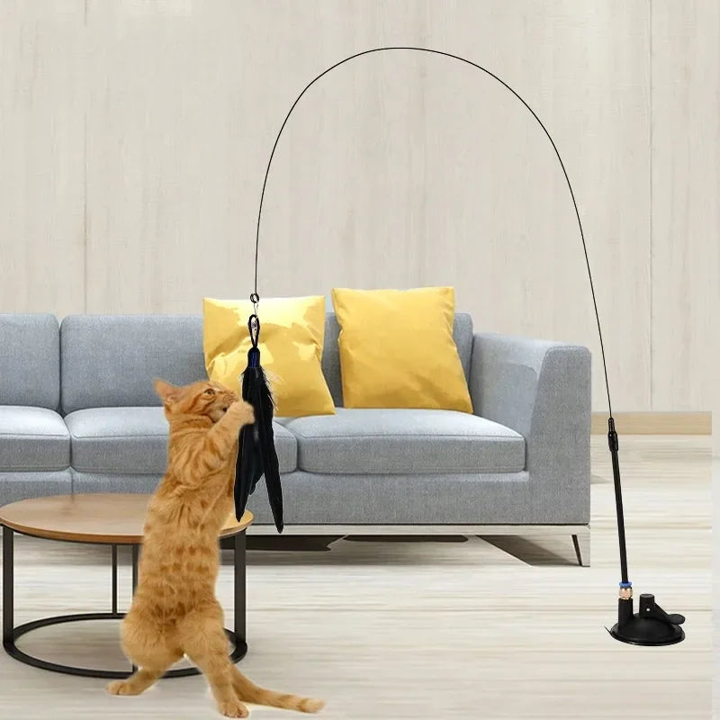 Suction Cup Cat Teasing Stick Cat Toy Interactive Feather Toy Cat Rod Steel Wire Suction Cup Feather Cat Toy Bell Cat Teasing Bi