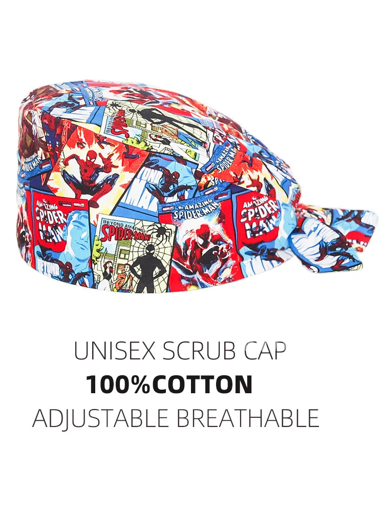 New Cartoon Printed Scrub Cap for Woman Man Adjustable Surgical Nurse Doctor Hat Dental Pet Clinic Work Hats