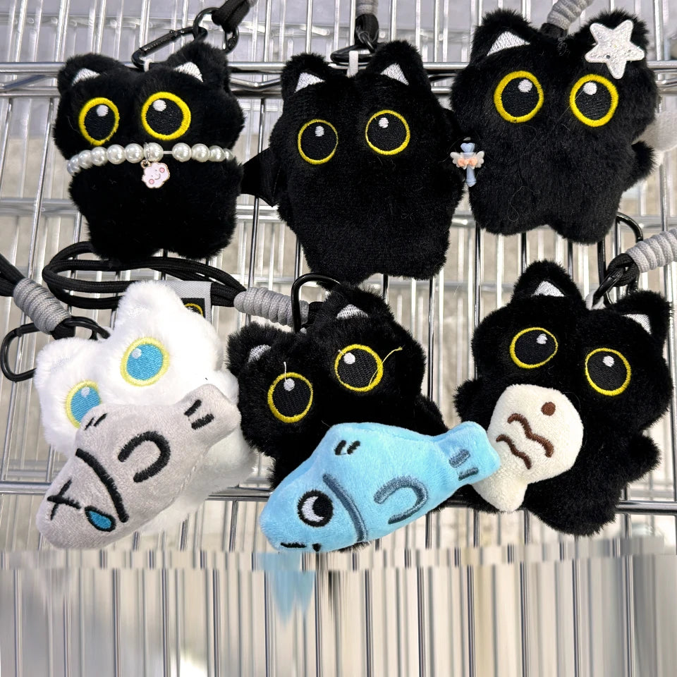 Yupsk 6/1pcs Cute Plush Black Cat Doll Toy Keychain Bag Pendant Charms Kawaii Keyring Accessories For Women Couples Gift
