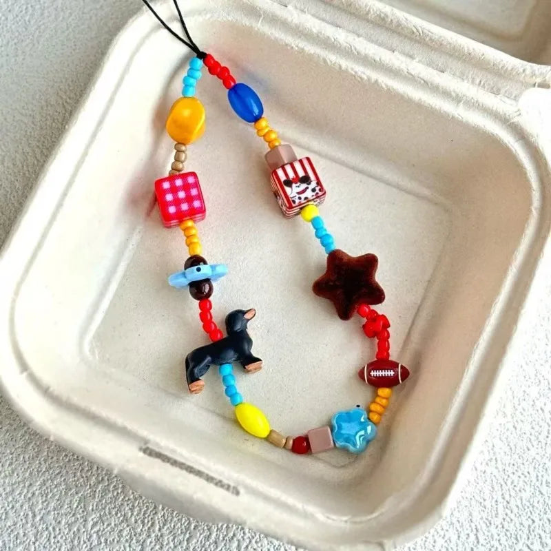 Ins Cartoon Colored Beaded Sausage Dog Anti Loss Phone Keychain Cute Bead Phone Strap Hand Chain Bag Accessories Gifts
