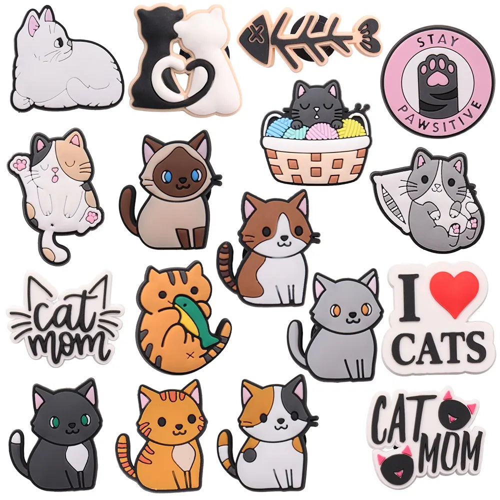 1-17PCS PVC Kawaii Animal Cat Mom Sandal Shoe Decoration Buckle Charms Fit Wristbands Hole Slipper Accessories Kid Xmas Gift