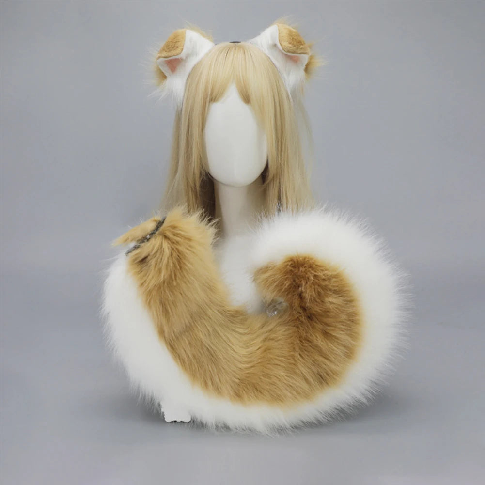 Women Furry Plush Dog Ears Headband Tail Set Halloween Christmas Cosplay Cute Pet Role Play Akita Folded Droopy Ears Hot New