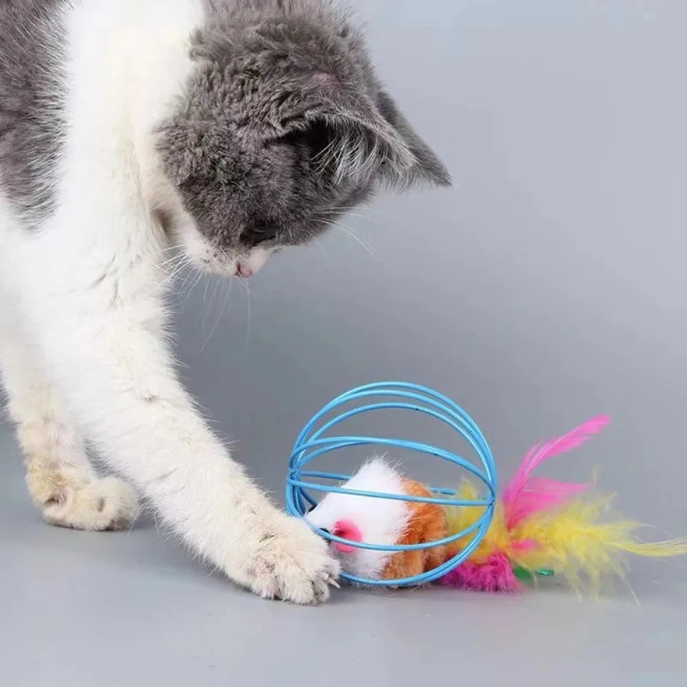 Multicolor Feather Tail Cat Toy, Simulation Roly-Poly Bell Ball, Self-Play Interactive Toy for Cats Indoor Play Pet Supplies