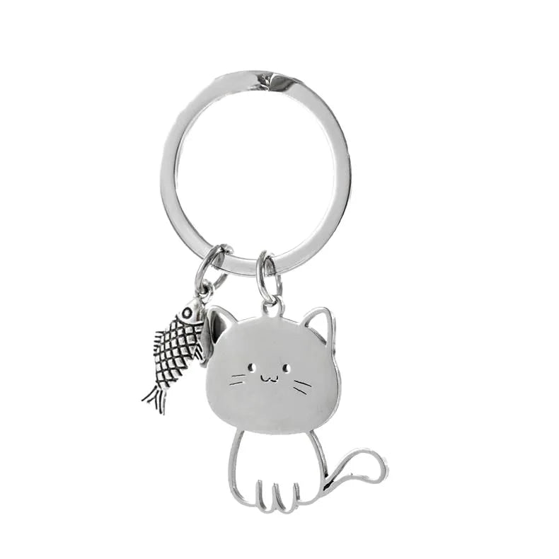Stainless Steel Cat Fish Keychain for Women Cute Cartoon Kitten Keyring Men Couple Bag Purse Pendant Jewelry Gift Accessories