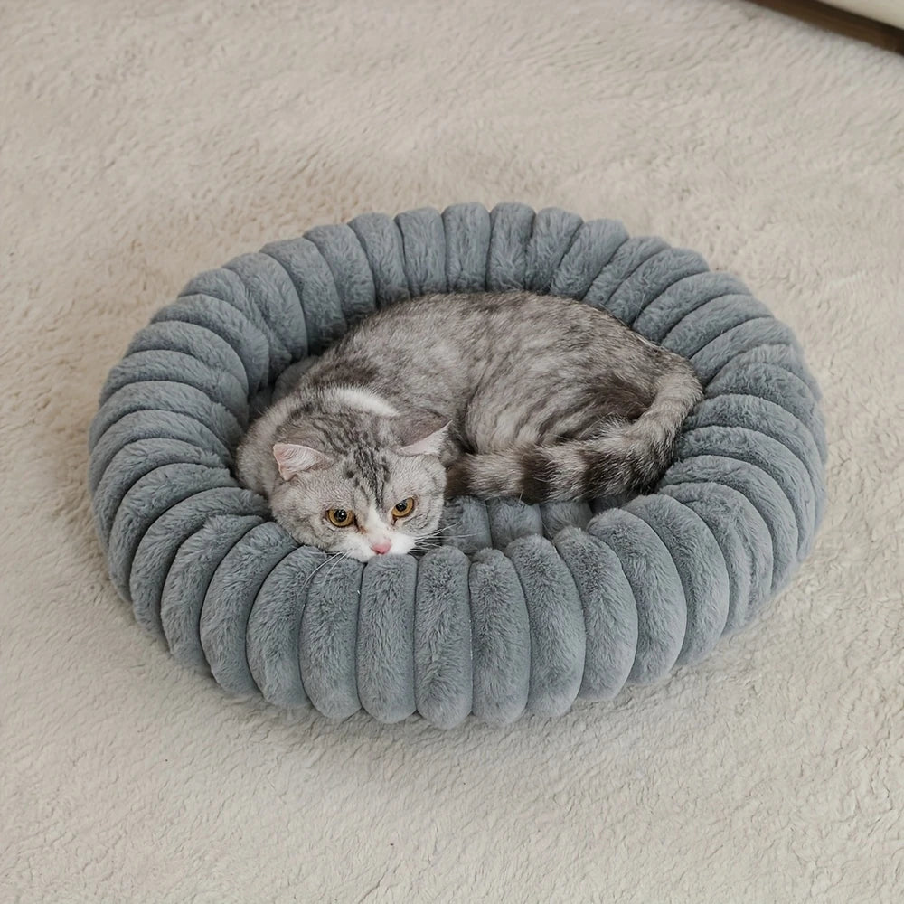 Warm Round Donut Cat Bed Vertical Striped Plush Raised Bolster Pet Bed Non Slip Washable Cozy Nest for Small Medium Dogs Cats