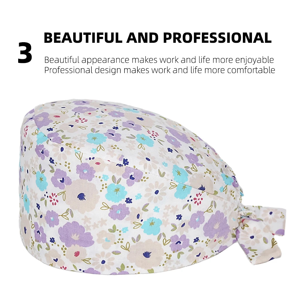 New Cartoon Printed Scrub Cap for Woman Man Adjustable Surgical Nurse Doctor Hat Dental Pet Clinic Work Hats