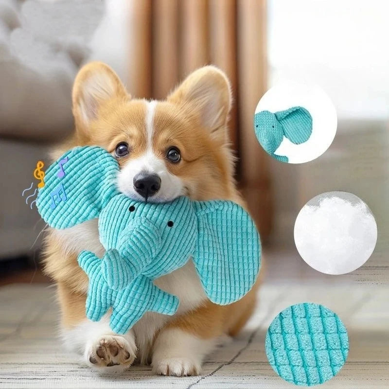 Pet Dog Toys Blue Corduroy Elephant Plush Squeaky Chew Toy Soft Stuffed Bite Resistant Interactive Teeth Cleaning Pet Play Toy ﻿