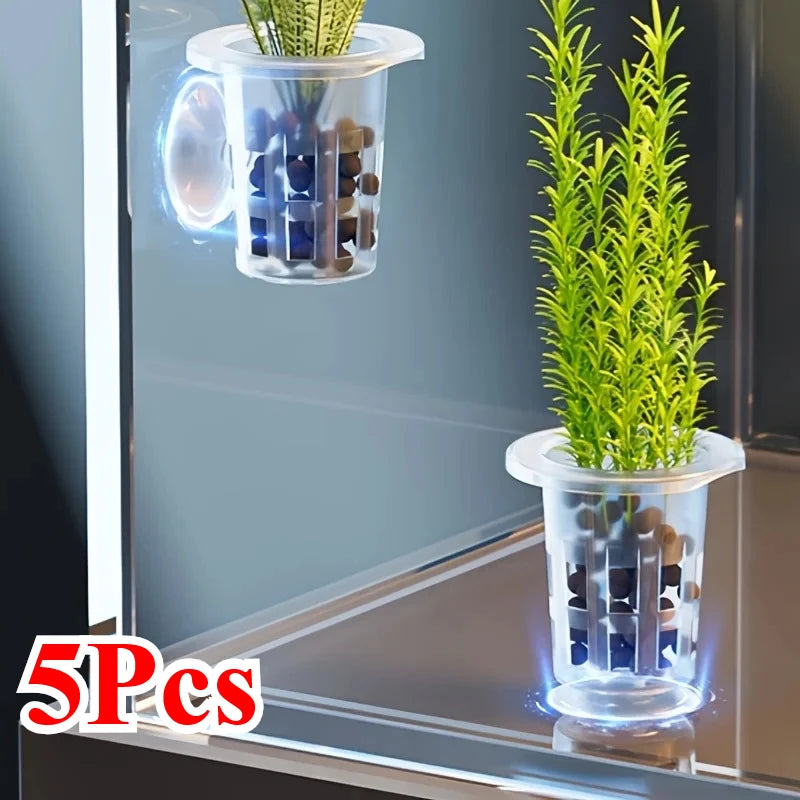 5Pcs Clear Plastic Aquarium Planting Cups with Suction Base -  Water Grass Grow Containers for Freshwater Fish Tank Decoration