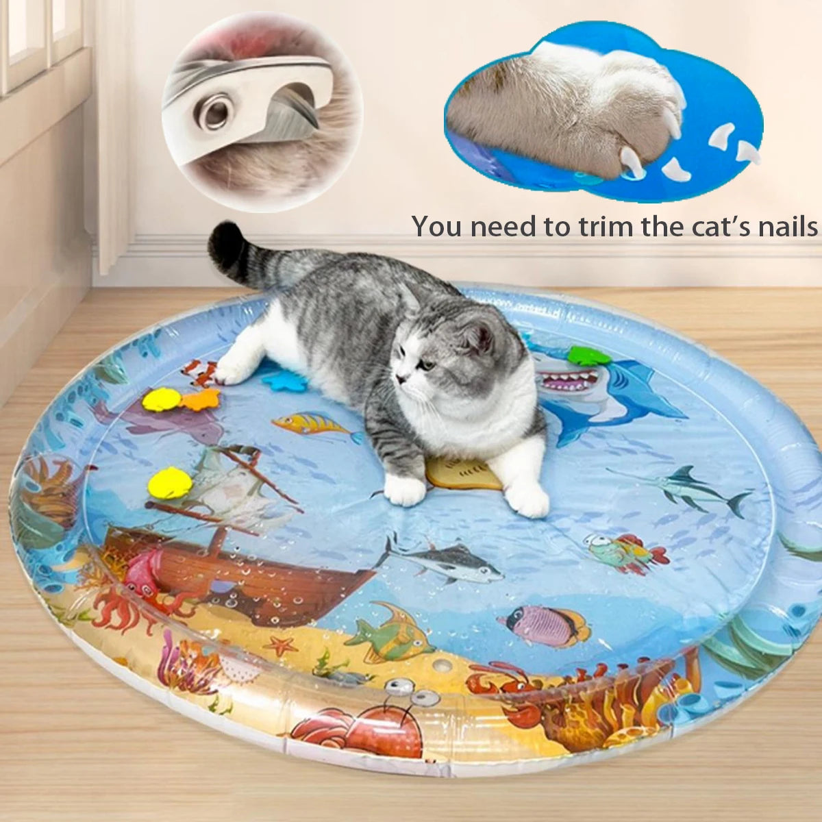 Summer Pet Cooling Mat，Thickened Inflatable Water Mat For Cat And Dog Pet Playmat With Fish Sea Ocean Theme Sensory Toy Water
