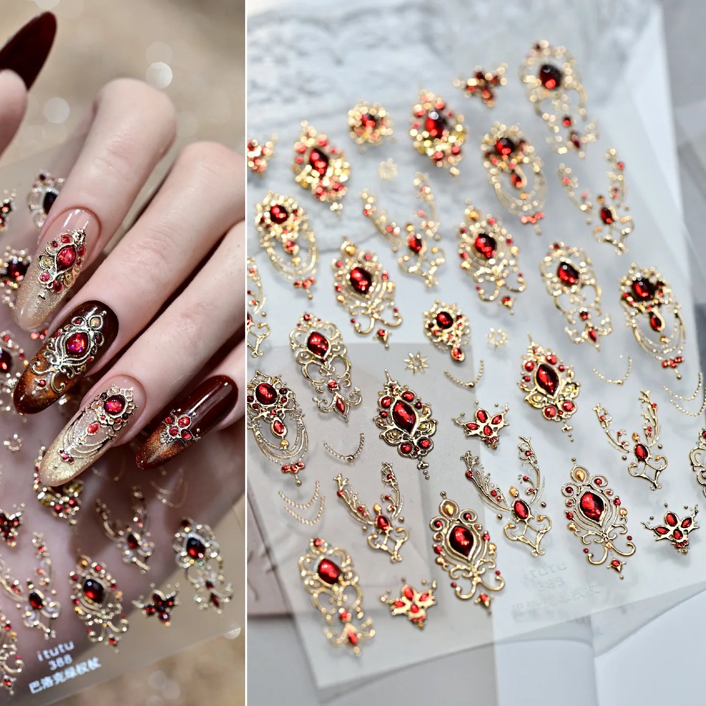 5D Luxurious Emerald Ruby Baroque Scepter Nail Stickers Shiny Palace Imitation Gemstone Jewelry Manicure DIY Decals Accessories