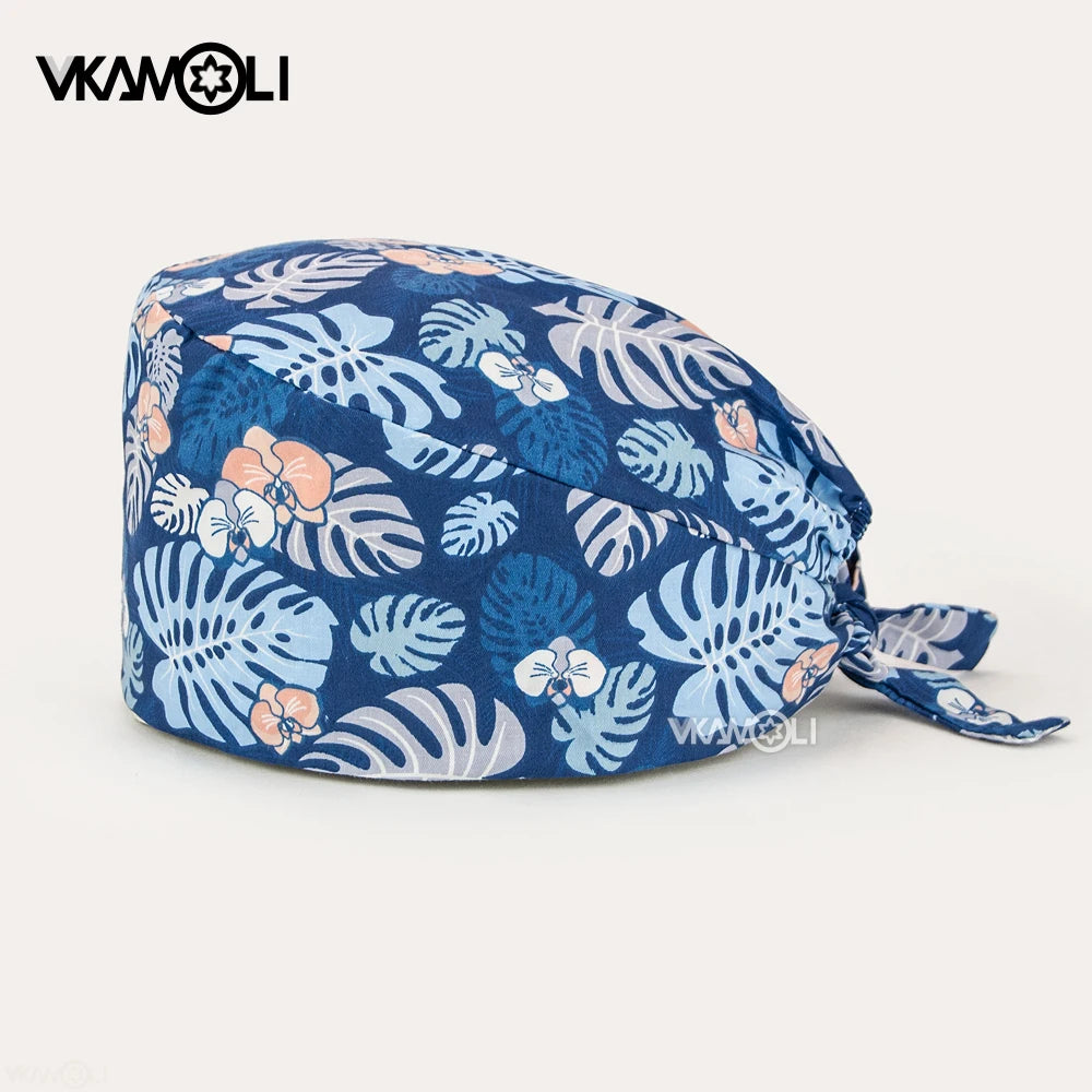 women's Cotton scrubs caps weat-absorbent Elastic Section pet grooming nursing work hats lab Flower print scrub hat Wholesale