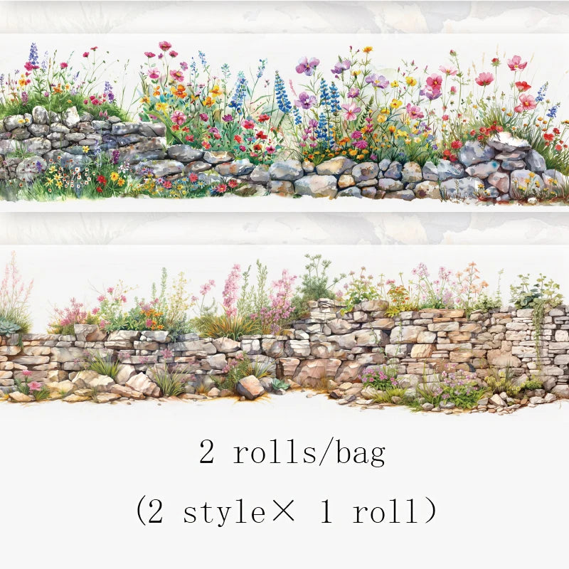 2 Roll PET Tape Green Field Flower Wall Series Sealing Stickers Album Diary Decoration Phone Case Sticker Notebook Accessories