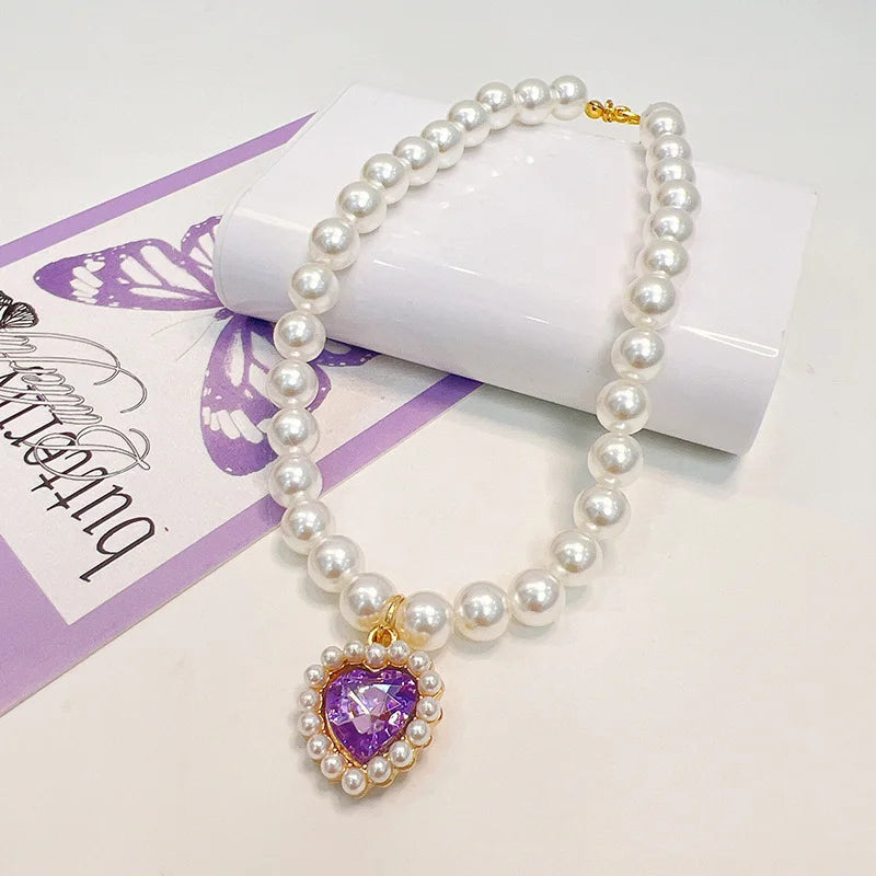 Lovely Heart Pendant Faux Pearl Pet Necklace Stylish Cat Dog Collar Jewelry Cute Pet Neck Decor Fashion Pet Accessories Wearing