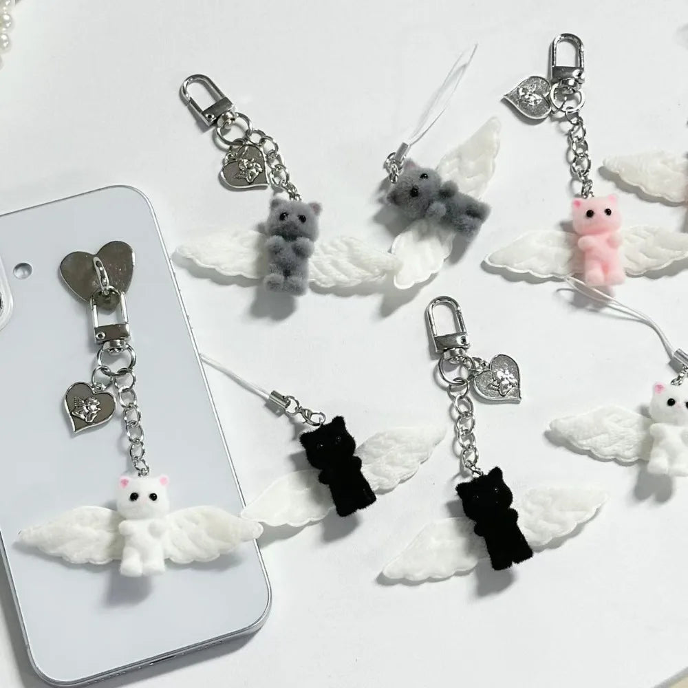 Cute Angel Wing Flocking Cat Charm Keychain for Women Cute Mini Kitten Bag Pendant Sweet Girl Phone Lanyard Keychain Accessories