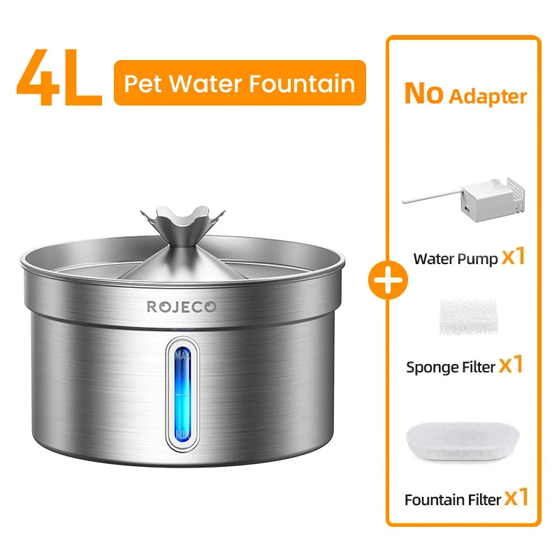 ROJECO Stainless Steel Cat Water Fountain Filters 2L Automatic Pet Water Dispenser Smart Drinking Fountain for Cat Dog Supplies