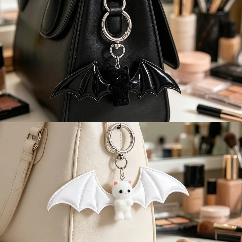 Cute Angel Wing Flocking Cat Charm Keychain for Women Cute Mini Kitten Bag Pendant Sweet Girl Phone Lanyard Keychain Accessories