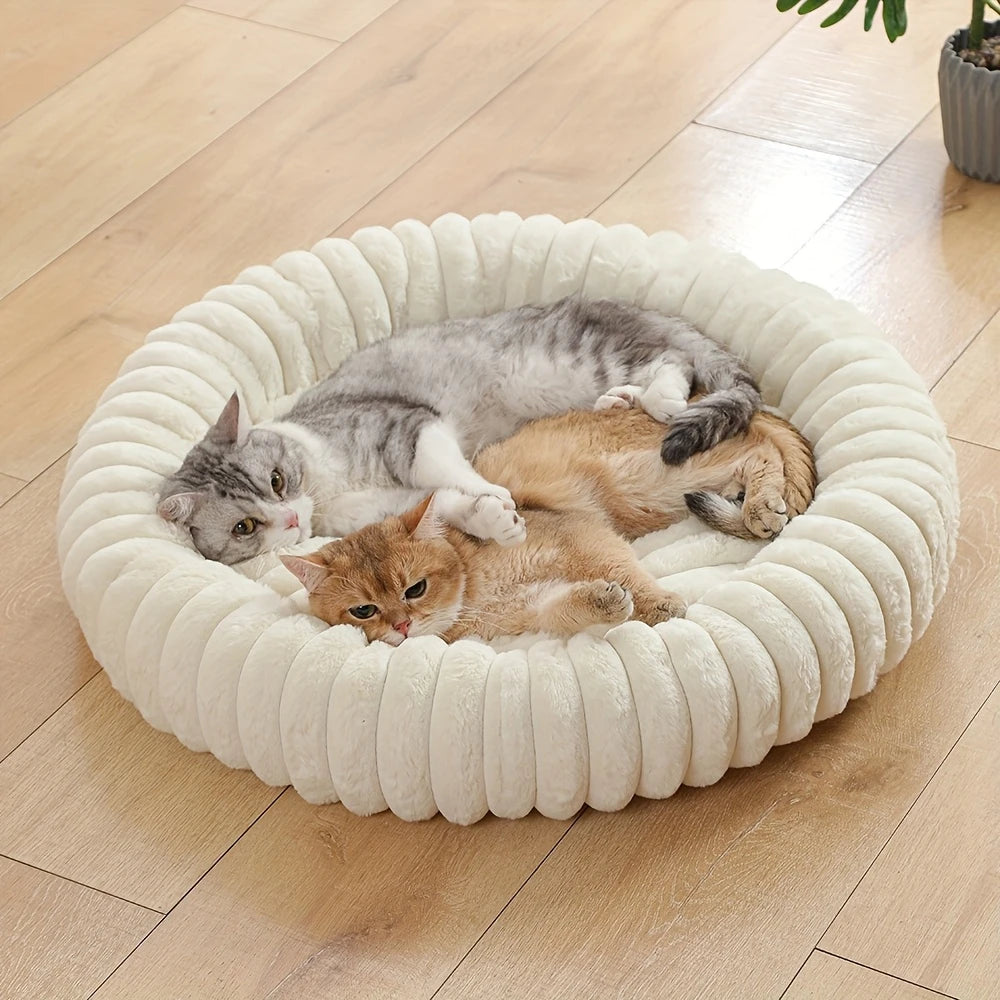 Warm Round Donut Cat Bed Vertical Striped Plush Raised Bolster Pet Bed Non Slip Washable Cozy Nest for Small Medium Dogs Cats