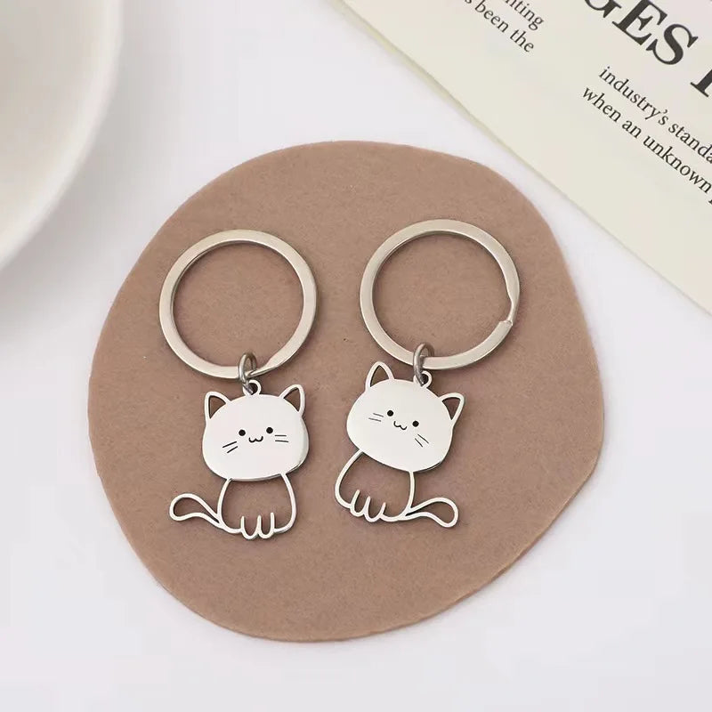 Stainless Steel Cat Fish Keychain for Women Cute Cartoon Kitten Keyring Men Couple Bag Purse Pendant Jewelry Gift Accessories