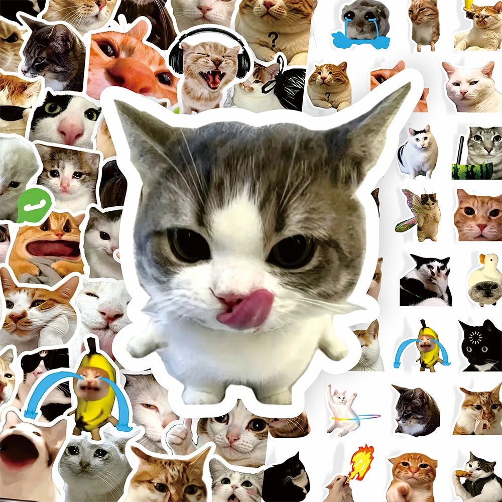 100PCS Funny Cat Meme Cartoon Stickers DIY Laptops Water Bottles Phone Cute Animal Waterproof Graffiti Decals Toys Gift
