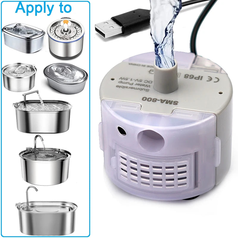 Pet Fountain Motor Submersible Pump Cat Water Drinker SMA-800 USB Water Pump Cats Fountain Accessories Mute DC ，cleaning kit