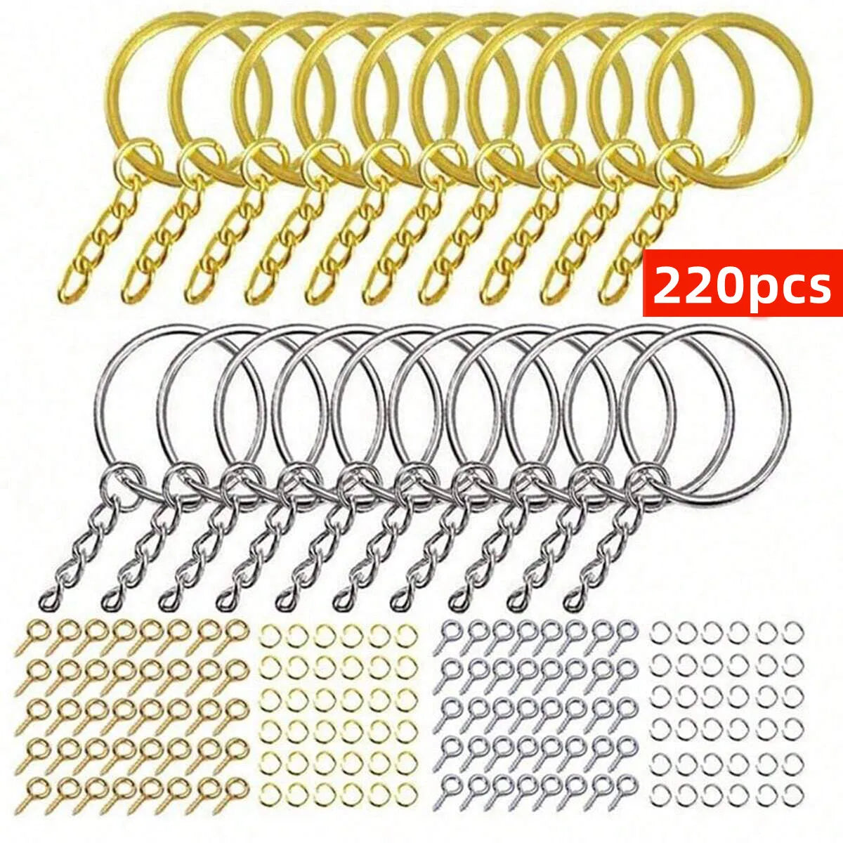 220pcs DIY Golden+Silvery Metal Keychains With Split Ring Link Silver Gold Color Pendants Holder Rings DIY Key Chains Jewelry