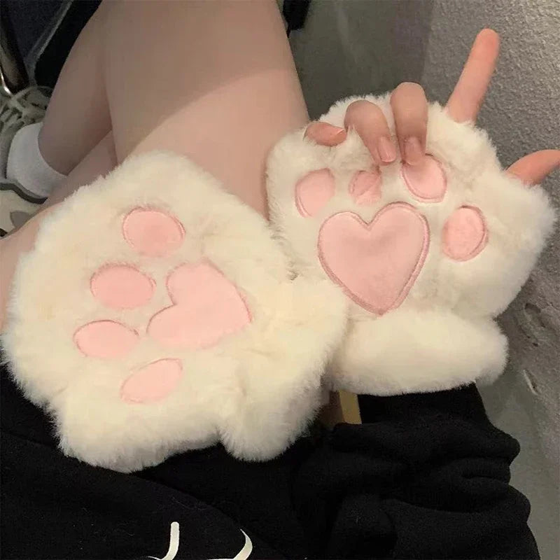 Women Winter Fashion Plush Gloves, Cat Paw Design Half-finger Warm Gloves, Suitable for Office Use Cycling Outdoor Activities